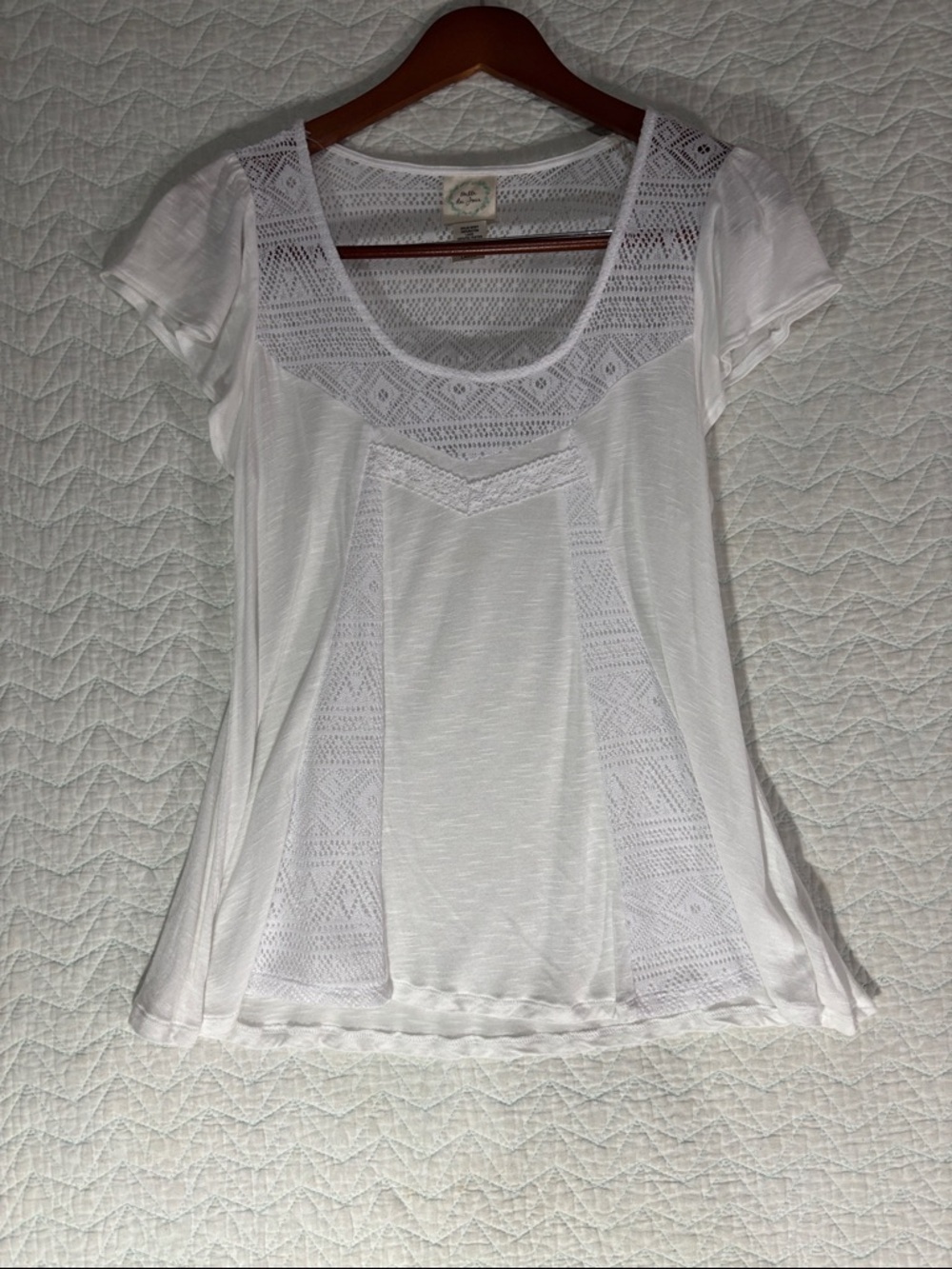 White Crochet-Inset Scoop Neck Blouse
